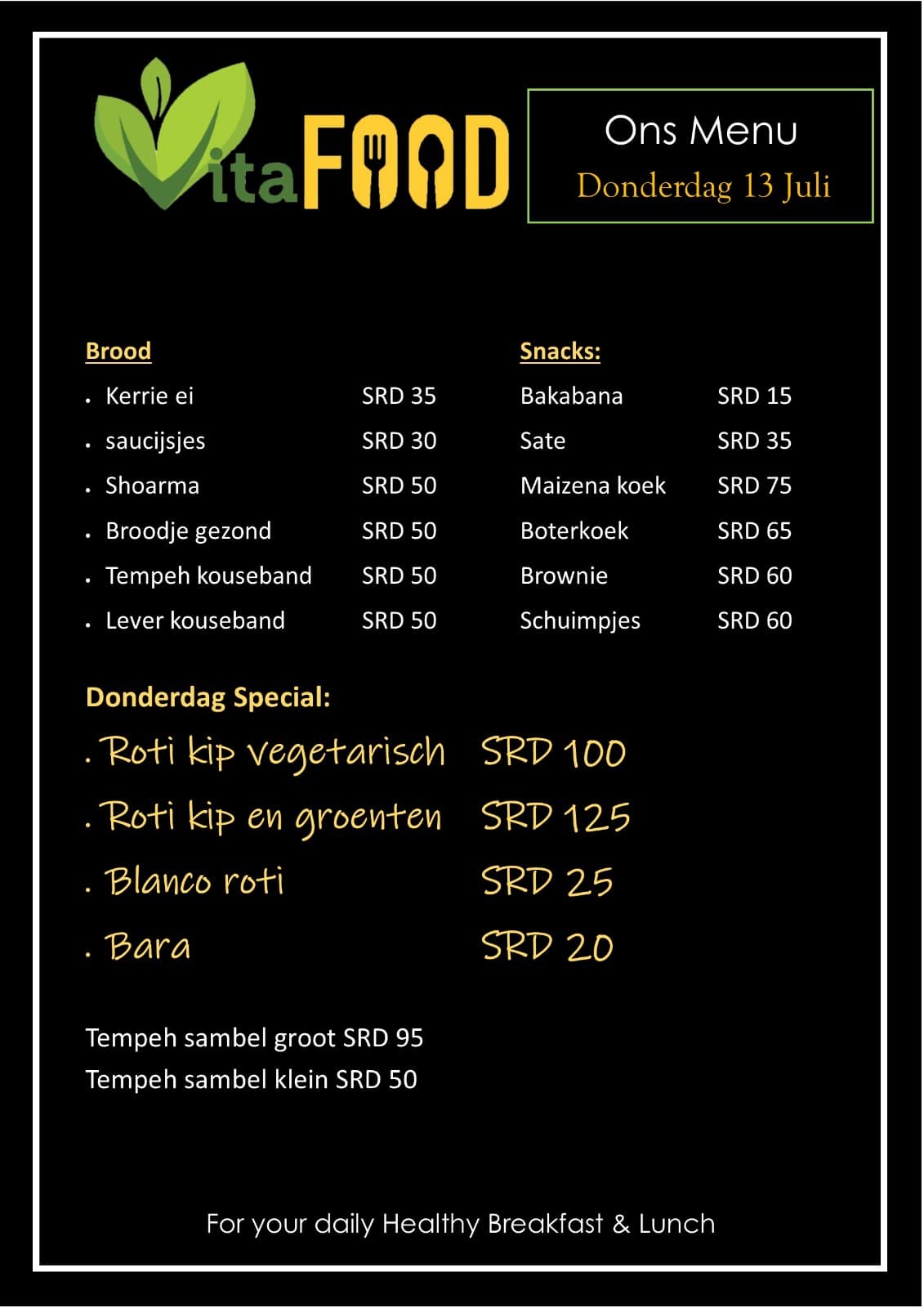 Menu van Vitahealth